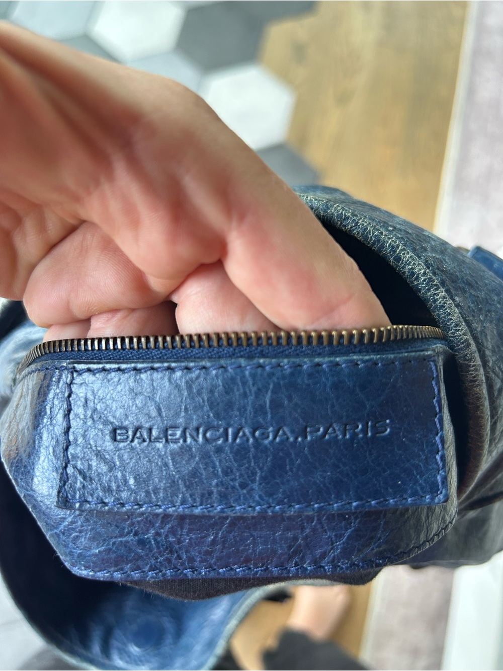 Balenciaga Navy Blue Embossed Leather Pouch
